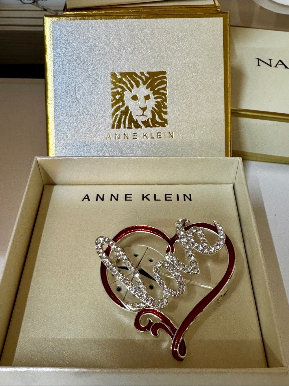 Anne Klein Red Enamel Heart Brooch with Rhinestone "Love" Script